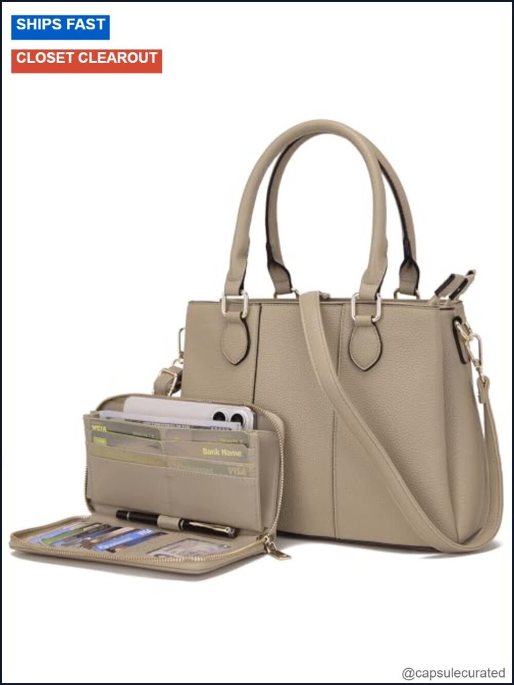 Women's Satchel Tote Handbag with Wallet Set PU Leather 3 Zippered Compartments